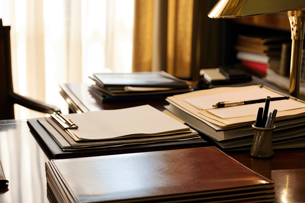 אודות עורך דין עידו פורת – שולחן עבודה במשרד עורכי דין עם ספרי משפט ותיקים.